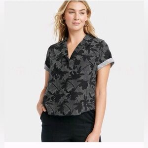 Universal Thread Floral Black Shirt Women Cuff Sleeve Button Down Linen Blend